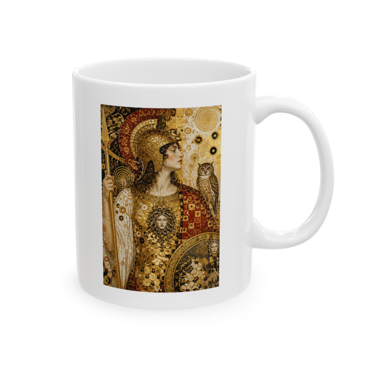 Klimt Pallas Athena Greek Goddess War Wisdom Mythology Art Ceramic Mug, Red/White