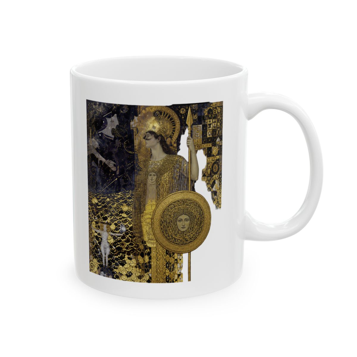 Klimt Pallas Athena Greek Goddess War Wisdom Mythology Art Ceramic Mug, White